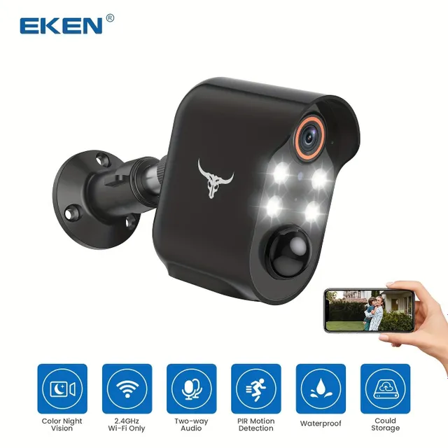 Wireless outdoor camera with battery and solar panel, 1080P video, smart detection of people and movement, two-way sound, color night vision, cloud storage, 2.4G Wi-Fi