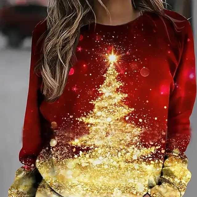 Women's Christmas sweater with tree printing, casual long sleeve, round neckline