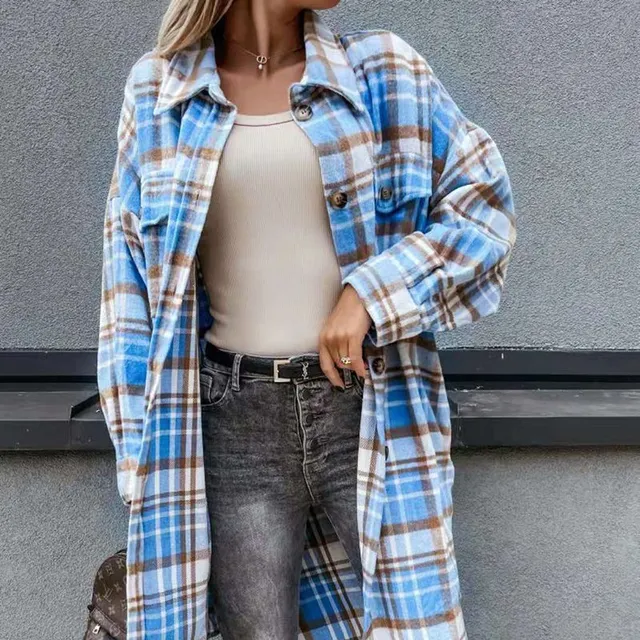 Long plaid coat with long sleeves in wool blend blue l