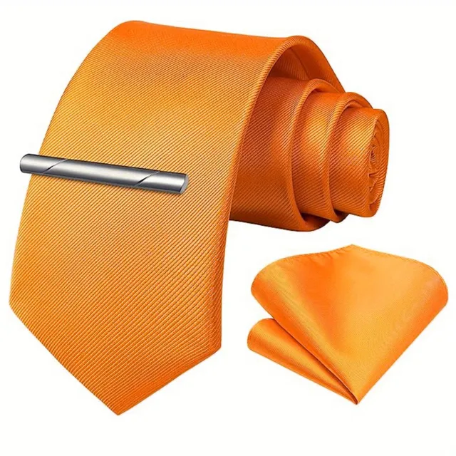 Single-colored men's tie with handkerchief and tie buckle