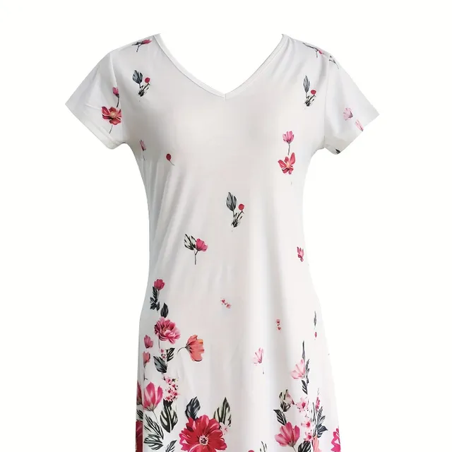 Šaty s krátkym rukávom a kvetinovou potlačou, výstrih do V, ležérne šaty na jar a leto, dámske oblečenie