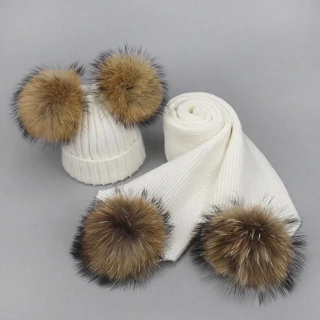 Cap and scarf set with pompoms