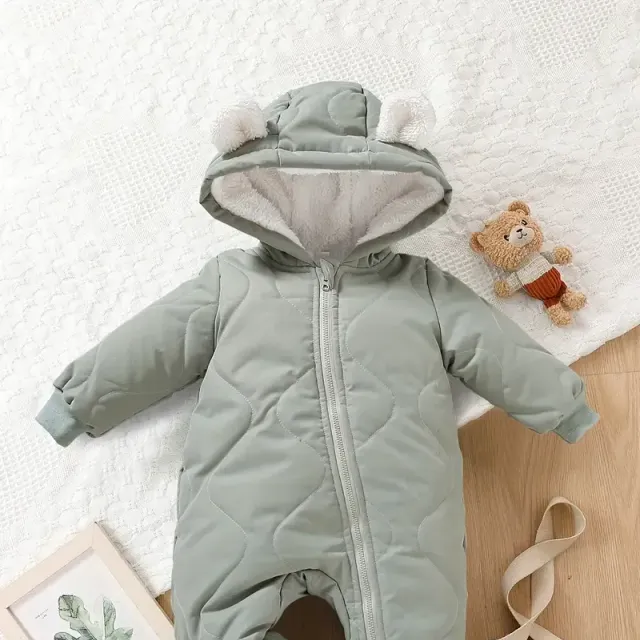 Warm baby jumpsuit with hood, long sleeve and zipper - for comfortable winter walks