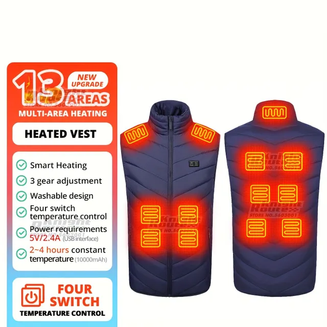 Men's 13-zone heated vest (battery not included) - Casual sleeveless elasticated breathable zipped vest for autumn and winter