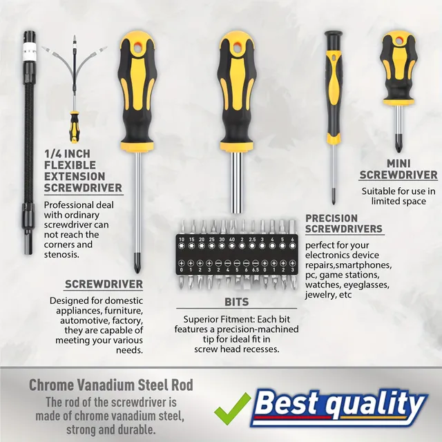 Professional set of magnetic screwdrivers with case: Chromed vanadi steel, Štěrbino, cross, hexagonal, TORX bits, Precision screwdrivers, Resistable tools