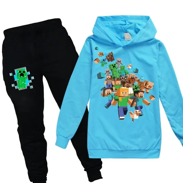 Stylish tracksuit with the motif of the computer game Minecraft sky blue black 2 - 3 roky