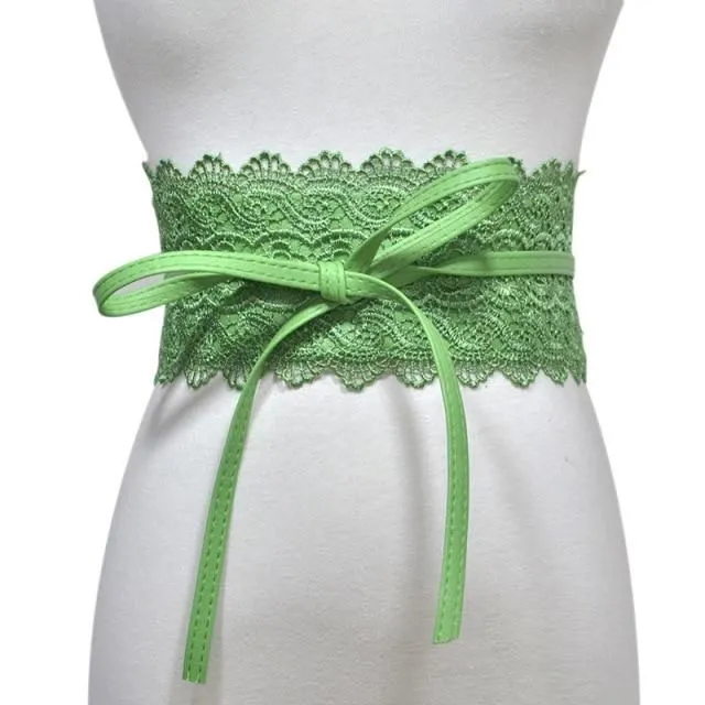Ladies lace belt with bow green