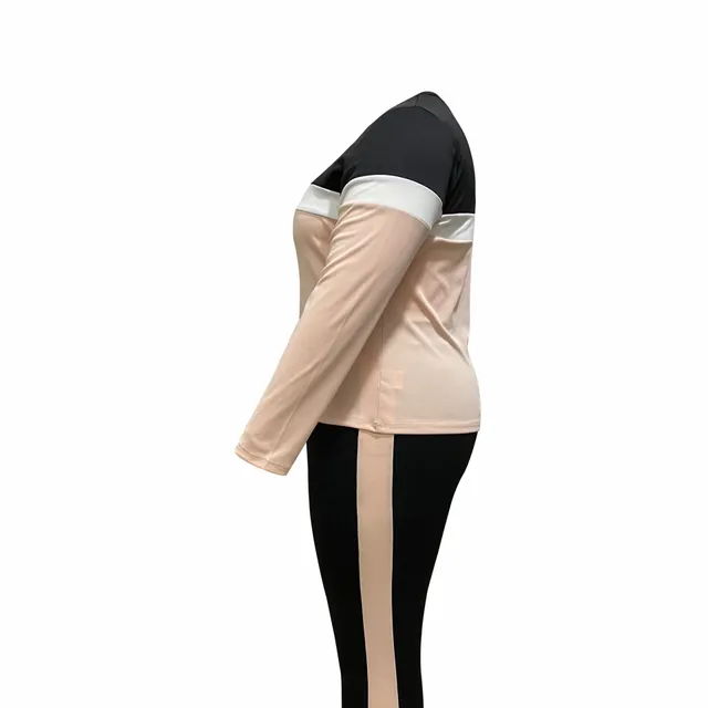 Dámský dvoudílný set oblečení velkých velikostí - Ležérní outfit s barevnými bloky a pruhovaným potiskem, dlouhý rukáv, kulatý výstřih a stahovací kalhoty