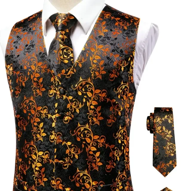 Male vintage sleeveless vest with elegant cut and floral pattern, formal set - vest, tie, cuff links and handkerchiefs