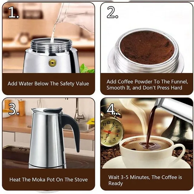 Cafetieră din oțel inoxidabil pentru cafea moka, espresso, latté - Percolator pentru aragaz - 1 buc