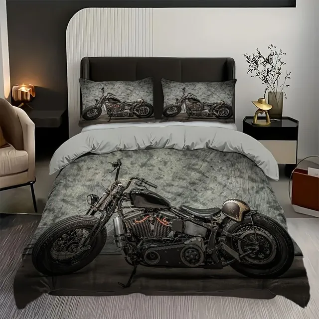 Retro motocyklové povlečení z prachového peří 3D, Pohodlná sada ložního prádla, Ideální do ložnic, pokojů pro hosty a kolejí.