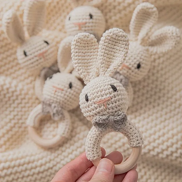 Hooked rattle in the form of a brown bunny - cute design impresses the baby, Built-in bells ring when swinging