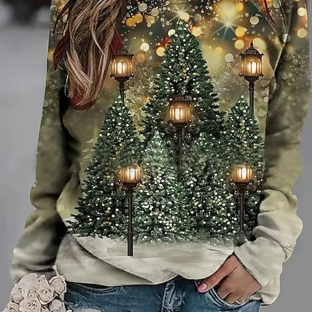 Women's Christmas sweater with tree printing, casual long sleeve, round neckline