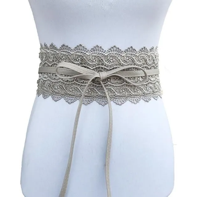 Ladies lace belt with bow gray