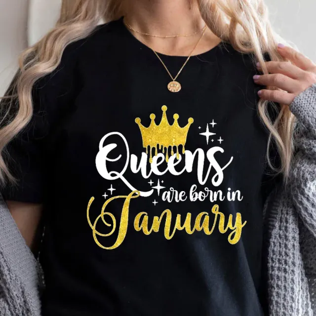 Dámské tričko s potiskem "Golden Crown Queen Are Born In January To December" - dárek k narozeninám s designem podle měsíce narození