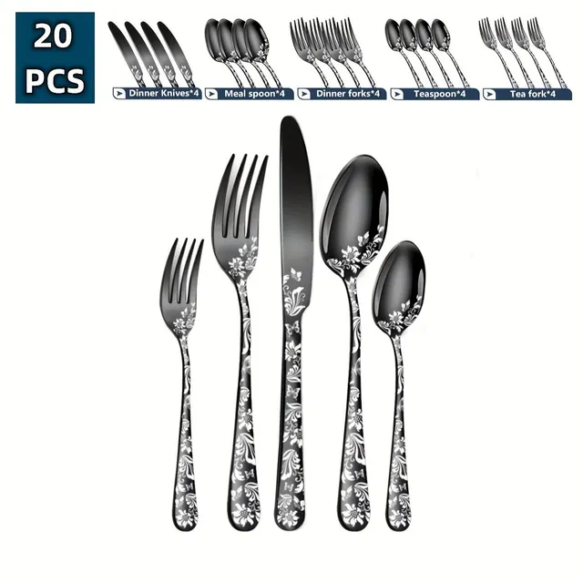 Modern stainless steel cutlery with floral pattern - for home and restaurant