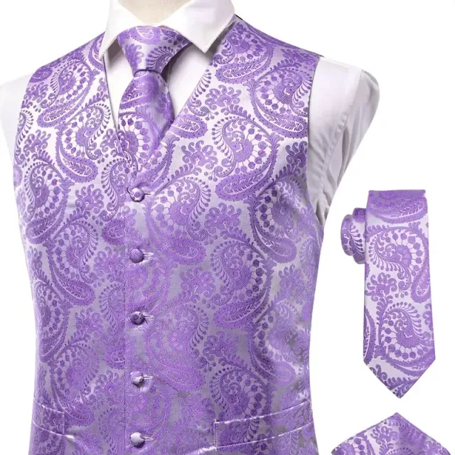 Male vintage sleeveless vest with elegant cut and floral pattern, formal set - vest, tie, cuff links and handkerchiefs