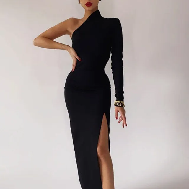 Ladies elegant long dress with one long sleeve and slit Black L