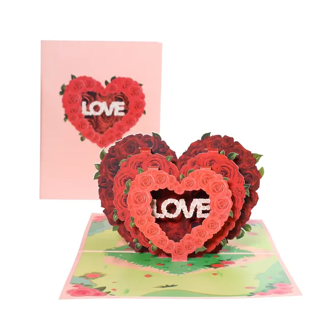 Romantic Valentine's Day card with 3D flower heart and LOVE sign