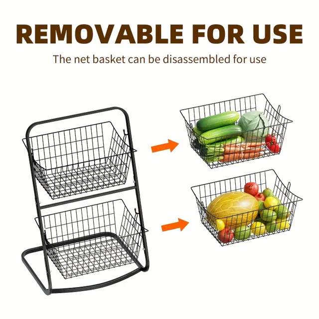 1pc 2/3floor basket for kitchen fruit, black metal wire basket, basket stand for kitchen floor, pantry bathroom, market basket for vegetables, potatoes, onion, snack