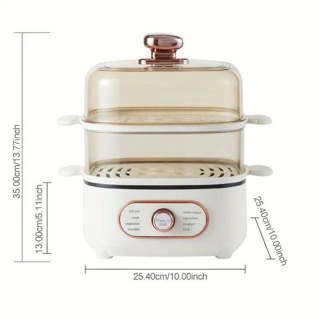 Electric steam pot with two levels, visualization lids and stackable baskets, multifunction 9.5 l, with automatic shutdown function