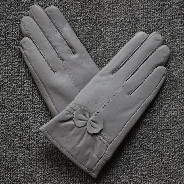 Ladies leather gloves with bow grey