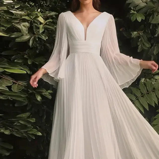 Elegant wedding dress for full-length women with deep V-shaped neckline, bell sleeves and a splashy long skirt