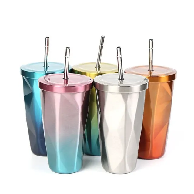 Stainless steel travel mug with straw