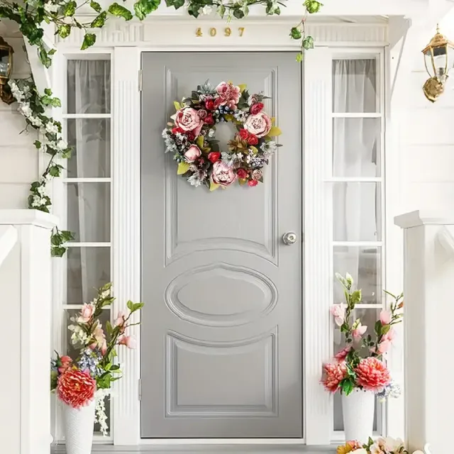 1pc 14in Peon wreath Spring Wreath, Spring Wreath On Front Door, Color Red Peon wreath Valentine's Wreath Suitable For Interior I Exterior, Home Office On Wall Festive Peon wreath Decorate Valentine's Wreath