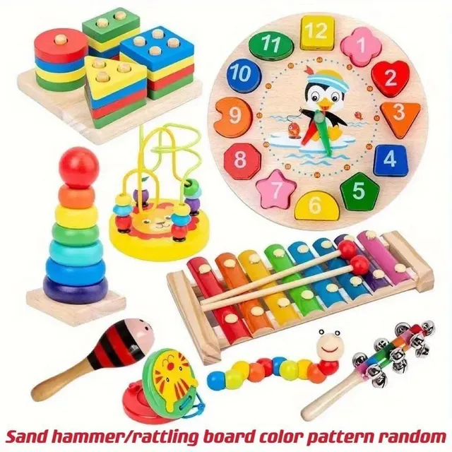 9 in 1 Wooden Montessori toys, Fast Bells, Bead Rumble, Drum, Column, Musical Instruments, Preschool Age Education