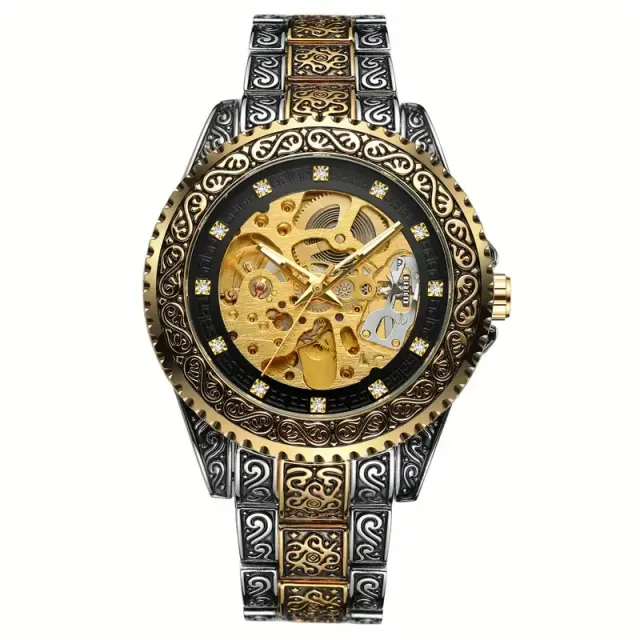 Men's vintage fashion carved gold mechanical wristwatch brand Luxury Butterfly Buckle Hollow Out mechanical watch, ideal choice for gifts