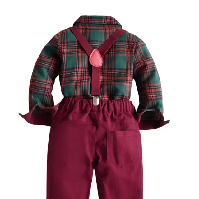 Conjunto de dos piezas para niños de algodón puro - camisa con cuello y pantalones con tirantes