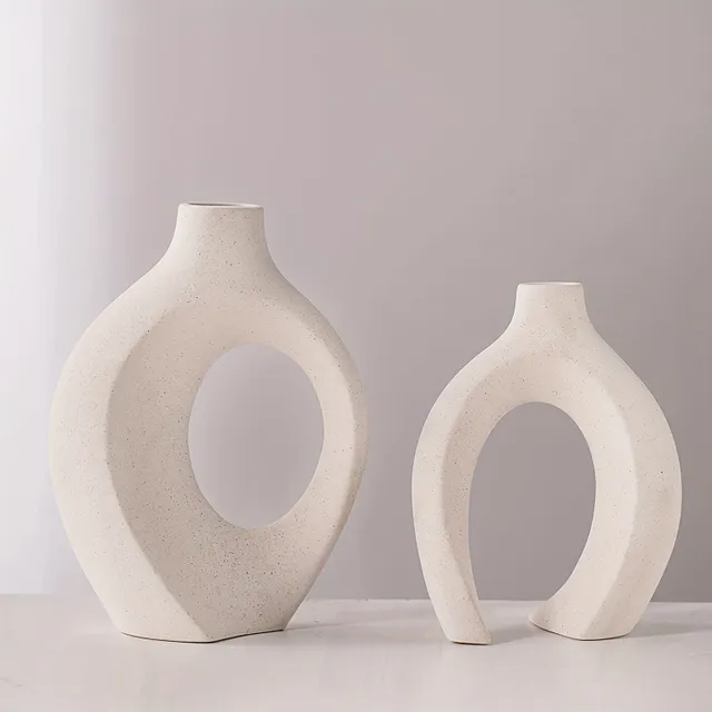 Hollow ceramic vase in boho style with donut hole for modern living, Nordic minimalism, table decoration