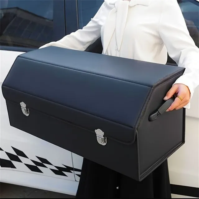 Foldable car boot storage box made of PU leather, 3 compartments, adjustable capacity