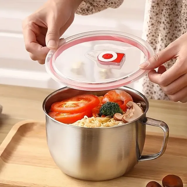 Stainless steel noodles bowl with handle and lid from PP material for snack to office