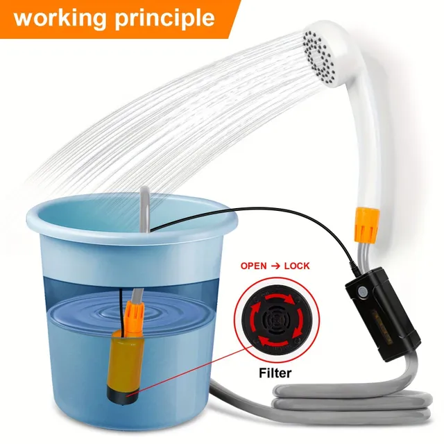 Portable shower pump with removable USB rechargeable batteries, portable outdoor shower head - pumps water from bucket to steady position, suitable for camping, traveling