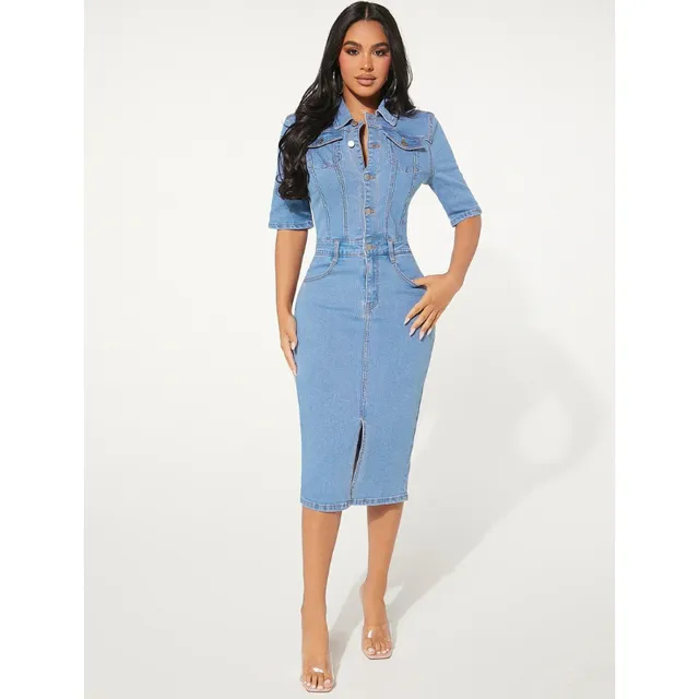 Rochie din denim albastru regal cu mâneci scurte, guler cu rever simplu, casual, pentru femei