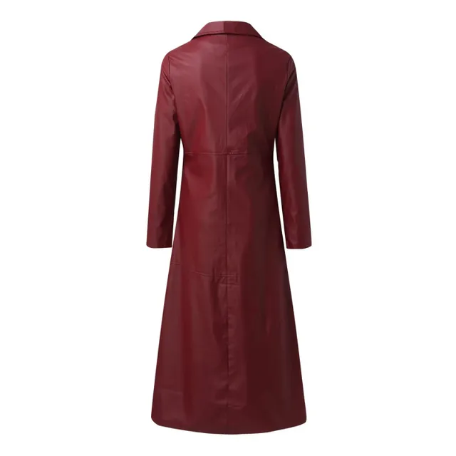 Women's long leatherette coat in red with long sleeves