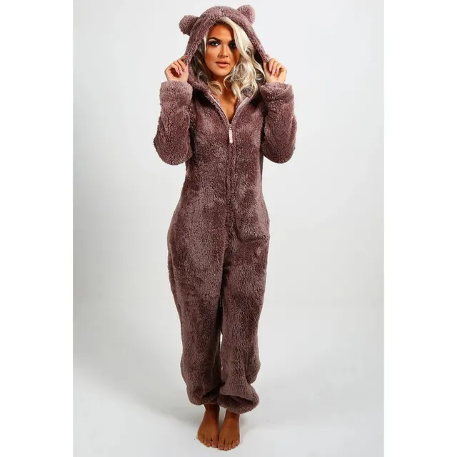 Cute plush jumpsuit with teddy bear and hood, zipper and long sleeves - women's pajamas