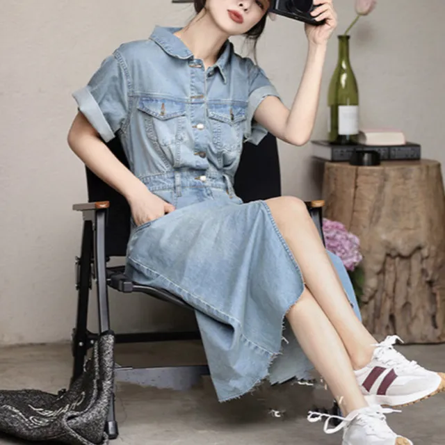 Royal blue denim dress with short sleeves, single-breasted lapel collar, casual, women's