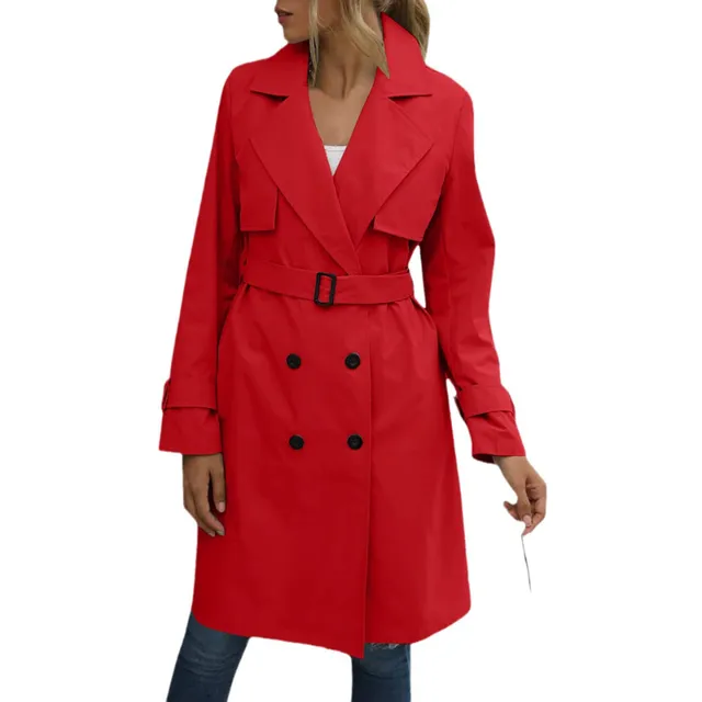 Women's long trench coat with double-breasted fastening - autumn/winter, belt included