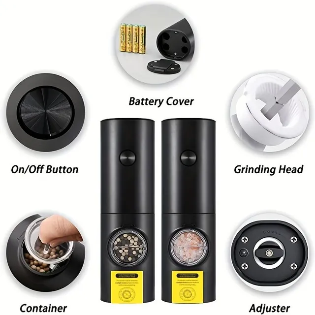 Electric salt and pepper grinder with stand, powered by batteries, automatic grinding with LED light, adjustable roughness, control with one hand and button, ABS material, kitchen helper, black set with brush 19,51 cm × 16,51 cm × 7,01 cm