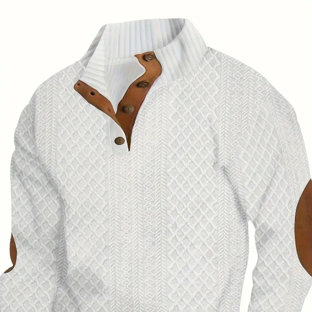 Men's trendy monochrome sweater with retro V-neck and stand-up collar