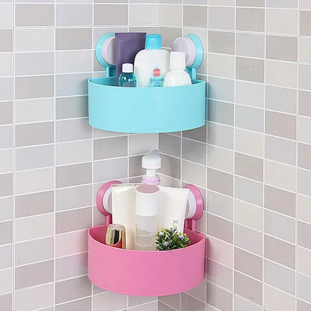 Gyönyörű sarokpolc a fürdőszobába különböző színekben