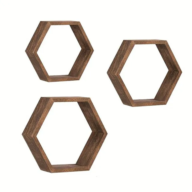 3 bucăți Polițe Rustice Hexagonale pentru Perete - Decorațiuni Flotante din Lemn pentru Camera Copilului, Sufragerie și Dormitor