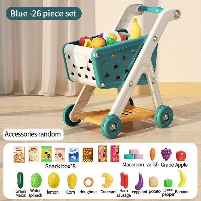 Detský nákupný košík s kuchynským kútom a jedlom - Hra obchod, varenie a puzzle v jednom