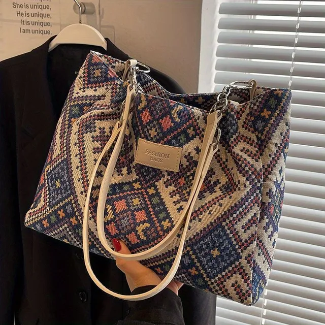 Leinen Schultertasche für Frauen mit ethnischem geometrischem Muster, große Kapazität, Vintage-Stil