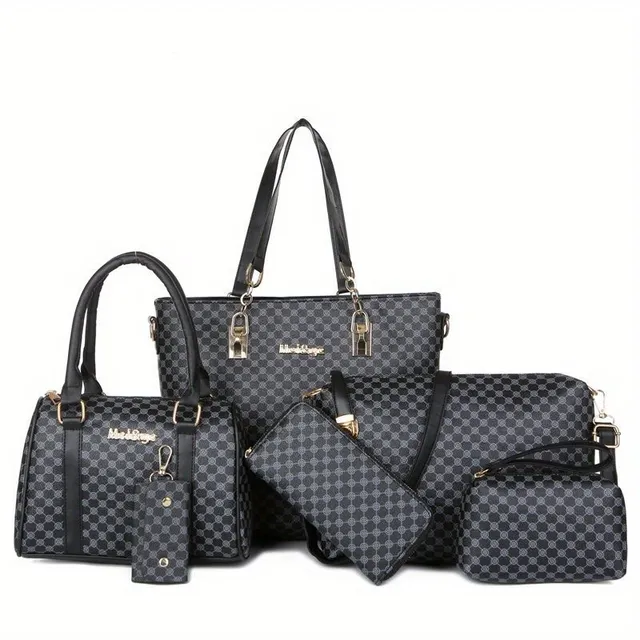 6 piece bag set: Tote, Boston, Clutch, PU leather shoulder with texture - universal for everyday wear