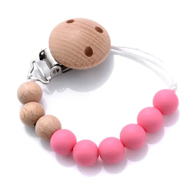 Wooden pacifier clip with silicone bite and round beads