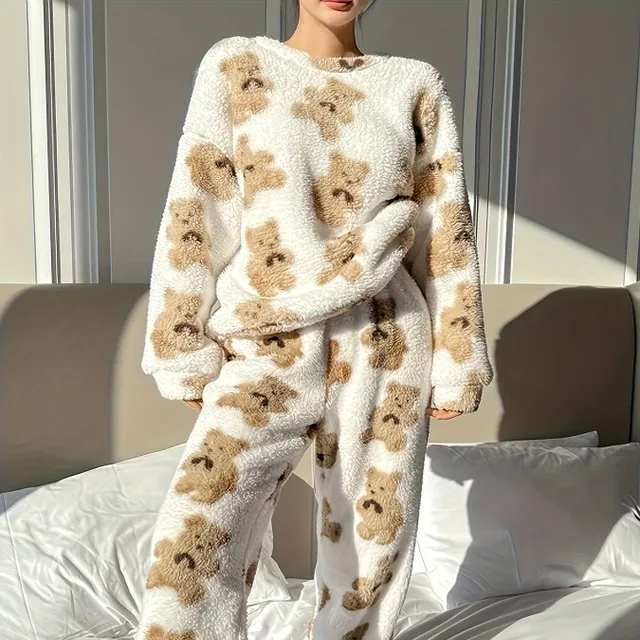 Set de loungewear pentru femei - Moale cu imprimeu drăguț de ursuleți, mâneci lungi și talie elastică